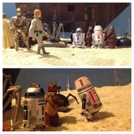 Artoo whistles cheerfully as he approaches Threepio. LUKE: "Okay, let's go." Owen pays off the whining Jawa as Luke and the two robots trudge off toward a grimy homestead entry. THREEPIO: (to Artoo) "Now, don't you forget this! Why I should stick my neck out for you is quite beyond my capacity!" FADE OUT. #starwars #anhwt #starwarstoycrew #jbscrew #blackdeathcrew #starwarstoypix #toyshelf 

